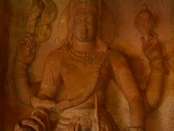 Tilt down sculpture badami caves karnataka Stock Footage