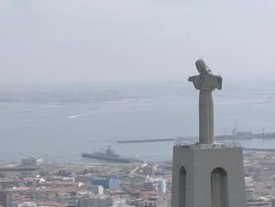 WS AERIAL DS ZI View of "Cristo Rei" and Tagus River / Almada, Setubal, Portugal  Stock Footage