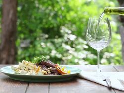CU Shot of foods are provided in table and pouring water into cup / Seoul, South Korea Stock Footage