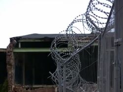 Zooming out barbed wire, abandoned factory background, HD Stock Footage