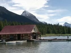 MS of Boathouse in Maligne lake / Jasper, Alberta, Canada  Stock Footage