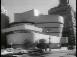 B/W 1959 traffic in front of Guggenheim Museum / NYC / newsreel Stock Footage