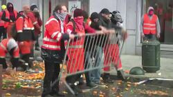 Belgian police used water cannon and pepper spray on protesters who had showered them with oranges and cobblestones during a demonstration Friday by labor unions demanding a better deal for Europe's working men and women. (April 4) News Clip