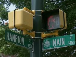 CU Hampton Street and Main Street intersection signs and crosswalk signal / Columbia, South Carolina, United States Stock Footage