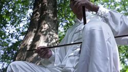 old man playing chinese traditional erhu in the park Stock Footage