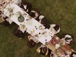 Friends and family eating at an outdoor dinner party Stock Footage