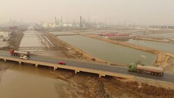 Aerial View of Petrochemical Plant, Oil Tank Truck and Air Pollution In China Stock Footage