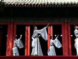 WS SLO MO Shot of male dancers performing traditional costume AUDIO / Beijing, Hebei Province, China Stock Footage
