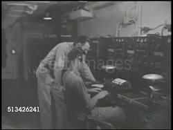 1943: NEW BRITAIN CAMPAIGN: XWS Silhouettes of squadron &amp; fleet of U.S. forces moving through air &amp; at sea. MS Radio operator receiving message. VS U.S. Navy battleships mobilizing. Intel, intelligence, WWII, World War II, Pacific Front Instructional Video