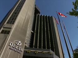 Delta Center Ville Hotel Building With Flags in Front Stock Footage