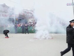 MS PAN Villagers squibbing firecrackers in traditional festive folk celebration or carnival during chinese spring festival  AUDIO  / xi'an, shaanxi, china Stock Footage