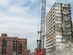 WS View of hydraulic shear demolition building / Chicago, Illinois, USA Stock Footage