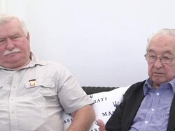 INTERVIEW - Andrzej Wajda and Lech Walesa on the importance of the project at 'Walesa. Man of Hope' Interviews on September 06, 2013 in Venice, Italy. (Footage by WireImage Video/Getty Images) Stock Footage