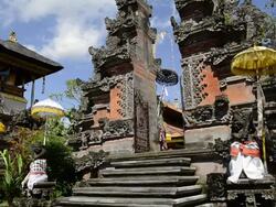MS With temple umbrellas colorful decorated Pura Dalem Puri temple / Ubud, Bali, Indonesia Stock Footage