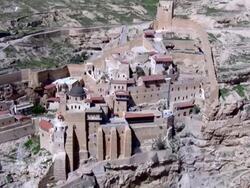Aerial Mar Saba Monastery in the Northern Judea desert, Israel Stock Footage