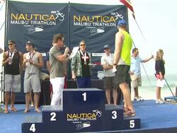 ATMOSPHERE - Award ceremony at Nautica Malibu Triathlon Presented by Equinox on 9/8/13 in Malibu, CA. Stock Footage