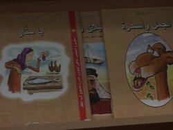 CU PAN Cartoon corrector covers of books in tilted shelf / Doha, Qatar  Stock Footage