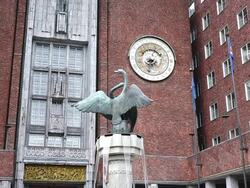 MS LA Shot of Fountain at Oslo City Hall / Oslo, Norway Stock Footage
