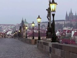 MS Man running on charles bridge at early morning / Prague, Hlavni mesto Praha, Czech Republic Stock Footage