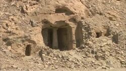 A cave with pillars opens into a hill in the ancient emerald mining town of Sikait, Egypt. Stock Footage