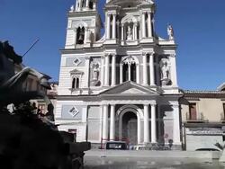 Caltanissetta, the faÃƒÂ§ade of San Sebastiano church, Piazza Garibaldi, piazza Garibaldi with the Triton fountain in the foreground Stock Footage