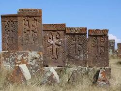 Noratus (Noraduz) cemetery, Sevan lake, tombstones and khatchkars in the cemetery Stock Footage