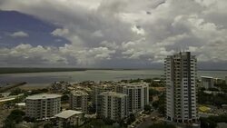 4K Darwin high-rise buildings, harbour and storm clouds, Top End, NT Stock Footage