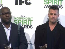 INTERVIEW - Brad Pitt, Lupita Nyong'o and director Steve McQueen - 2014 Film Independent Spirit Awards - Press Room Stock Footage