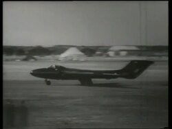 B/W de Havilland night fighter jet on runway for takeoff / Air show / England / SOUND Stock Footage