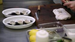Chef opening and preparing oysters in commercial kitchen Stock Footage