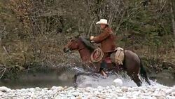 SLO MO TS Ranchers crossing the river on horses Stock Footage
