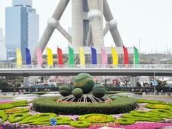 MS T/L  View of Spherical hedges center of street / Shanghai, China Stock Footage