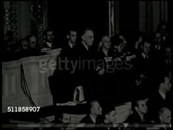 1941: DECLARATION OF WAR: President Franklin D. Roosevelt standing before Congress, part of Declaration of War speech December 8, 1941, '...offensive extending throughout...that this form of treachery shall never again endanger us.' Congress applauding Instructional Video