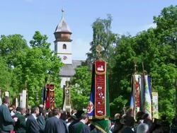 MS Pilgrimage of societies for traditional costumes at abbey Maria Eck near Siegsdorf, Chiemgauer Alps / Siegsdorf, Bavaria, Germany Stock Footage