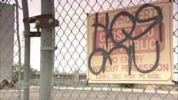 Graffiti covers a sign on a chain-link fence. Stock Footage