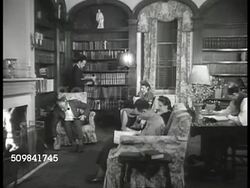 1946: NEVIS HALL: EXT Columbia University Nevis Hall. INT Men & women in study, in hall checking postings. '...don't stack golf clubs in Butler's pantry', '...need ride...see Charles Walker...' VS Community kitchen, milk w/ name tags in refrigerator. Instructional Video