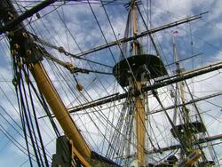 CU LA Ship's masts and rigging / Portsmouth, UK Stock Footage