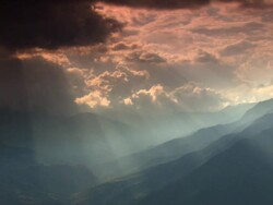 "Dramatic green mountains and valleys, blue and pink cloudy skies with rays of sun cutting through, Amazonas region of Peru [PerÃƒÂº]" Stock Footage