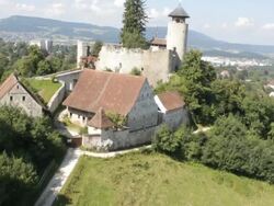 Aerial W/S, Atmospheric Castle near Arlesheim with Goetheanum Stock Footage