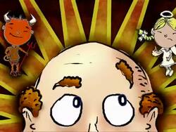 Bald man struggles with his conscience,  colourful background version Stock Footage