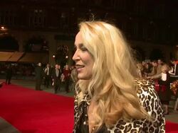 INTERVIEW: Jerry Hall on The Rolling Stones, her favorite member at 'Crossfire Hurricane' Premiere: 56th BFI London Film Festival at Odeon Leicester Square on October 18, 2012 in London, England (Footage by WireImage Video/Getty Images) Stock Footage