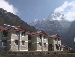 WS View  of hotel building with Mountains / Mende, Khumbu Region, Nepal Stock Footage