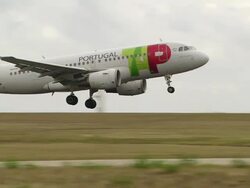 WS TS View of plane landing airport / Lisbon, Portugal   Stock Footage