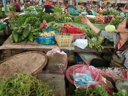 MS Shot of woman vegetables traders and customers in market / Vientiane, Laos Stock Footage