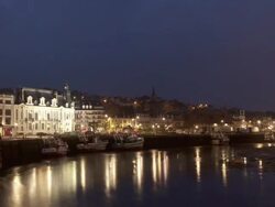 Hyperlapse Time lapse tracking shot night to day on harbour in Trouville Normandie Stock Footage