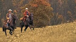 SLO MO DS Male and female riding galloping horses uphill Stock Footage