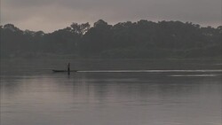 Long shot of two boys paddling down river on a boat Stock Footage