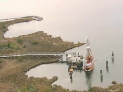 MS AERIAL ZI Shot of Elizabeth II historic Ship / North Carolina, United States Stock Footage