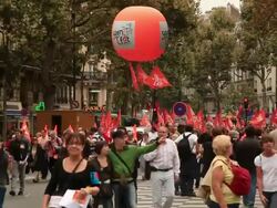 Demonstration in Paris. General strike in France 24 September 2010. Civil servants and private sector employees protesting government plans to raise the pension age from 60 to 62 years. Stock Footage