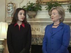2009 MS PAN U.S. Secretary of State Hillary Clinton speaking  to the press at the State Department alongside freed Iranian-Amercian journalist, Roxana Saberi on May 27 2009 / United States / AUDIO Stock Footage
